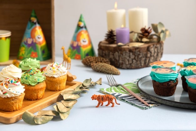 A high-angle shot of a table adorned with Arcane-themed snacks and drinks, including cupcakes decorated with character faces, Hextech crystal-shaped candies, and glowing blue cocktails, beautifully arranged for a watch party spread.