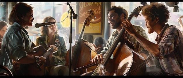 A group of diverse characters, each representing a different musical instrument or genre, collaborating around a digital mixing board, surrounded by Arcane-themed artwork.