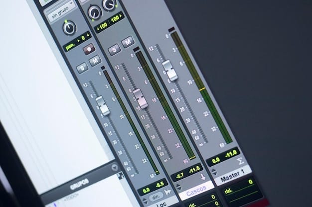 A screen capture of a digital audio workstation (DAW) software interface, showing a complex arrangement of tracks, EQ settings, and audio waveforms, suggesting the intricate process of music production and mixing.