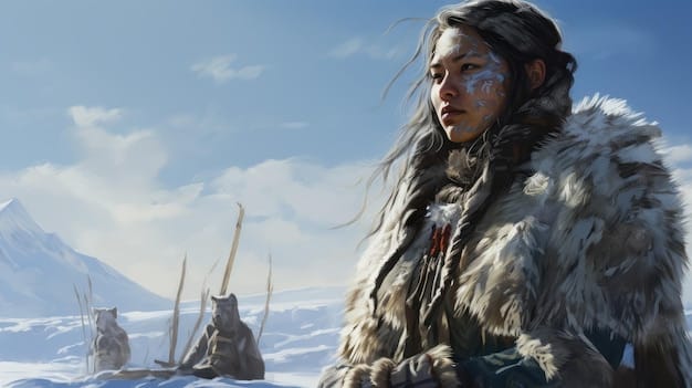 A digital illustration depicting Jinx from Arcane in a snowy, mountainous landscape. She is wearing warm, fur-lined clothing and carrying a modified version of her signature rocket launcher, adapted for the cold environment. The background features snow-covered peaks and a sense of isolation.