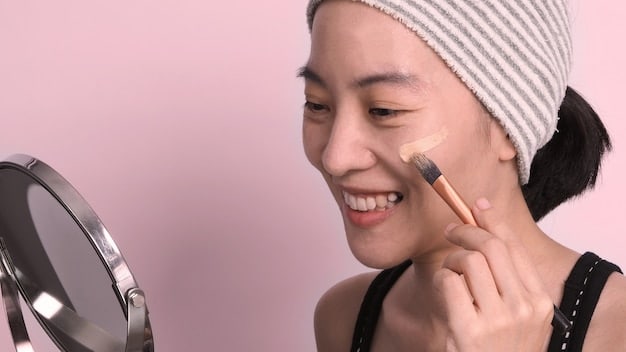 Three images showcasing the base makeup process: cleansing the face, applying primer, and applying foundation for a flawless finish.