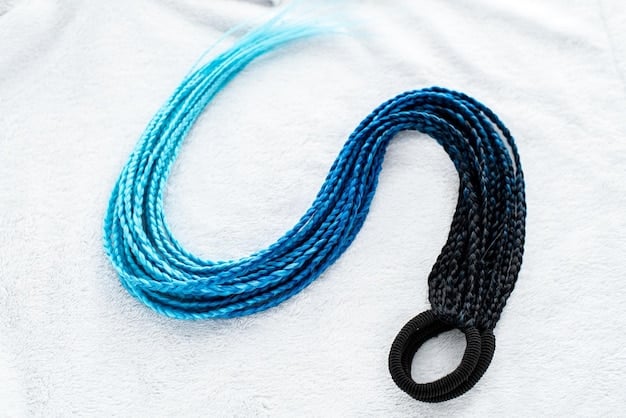 A detailed shot of a bright blue wig styled into two thick, braided pigtails. The wig is slightly messy and textured, with a few strands sticking out to enhance its natural and playful appearance.