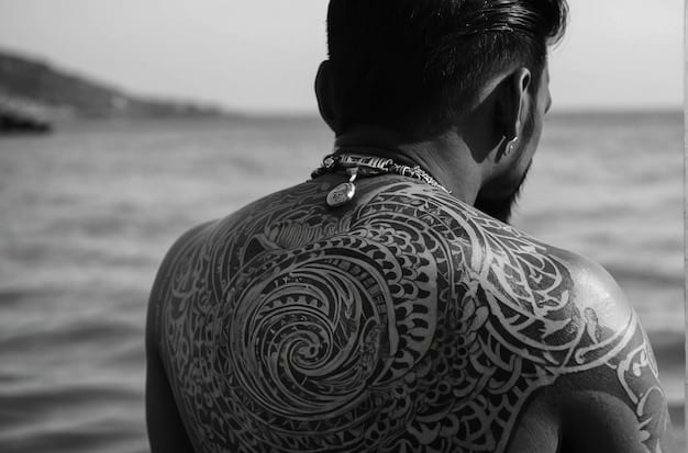 A striking close-up of a cosplayer's back, perfectly capturing Vander's intricately designed back tattoo from Arcane. The tattoo features bold linework and shading that accentuates the muscular definition of the back, enhancing the overall visual impact and authenticity of the cosplay portrayal.