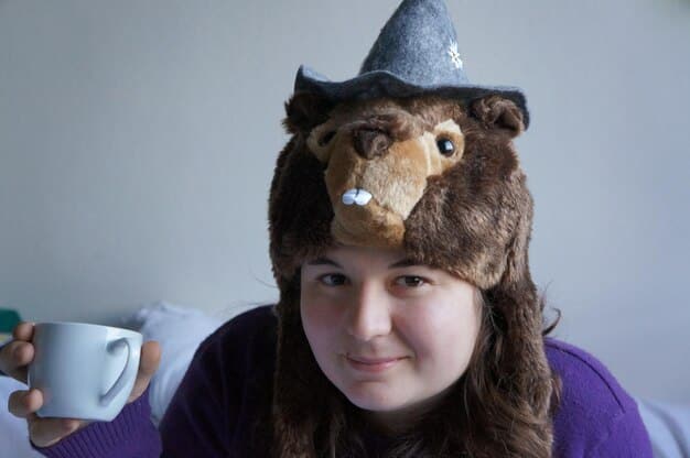 Close-up shot of a Finn cosplay white bear hat, showing the details of the soft fabric and stitched features. The hat is slightly tilted, giving it a playful, casual appearance.
