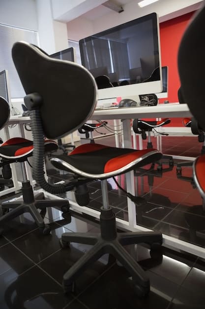 A modern esports arena inside a university, equipped with high-end gaming PCs, comfortable chairs, and large screens displaying the game. Players are intensely focused, communicating with each other through headsets.
