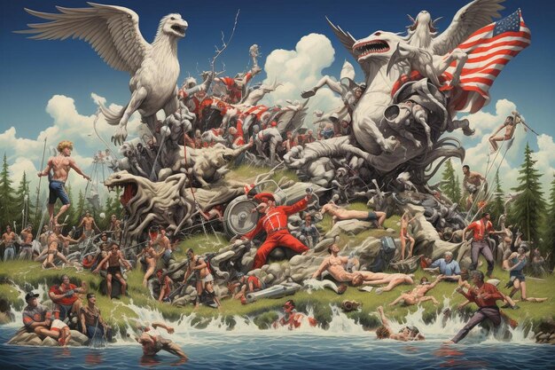 A detailed illustration depicting the war between Demacia and Noxus, two of the major factions in League of Legends, showcasing their armies clashing on a battlefield with iconic champions from each side leading the charge and demonstrating the deep-seated conflicts and rich histories within Runeterra.