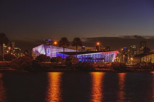 A panoramic view of Los Angeles at night, highlighting venues like the Staples Center (now Crypto.com Arena) and the Forum, with subtle League of Legends branding integrated into the cityscape.