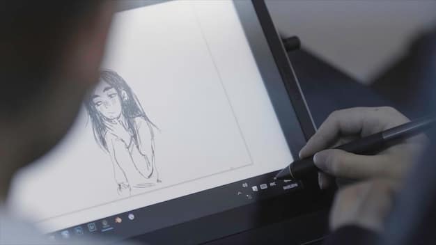 A close-up on an animator's workstation, showing a digital storyboard with rough sketches of Vi in action. The animator's hands are visible, hovering over a stylus and tablet, focused on bringing the character to life. The setting is a brightly lit studio, filled with concept art and character designs.