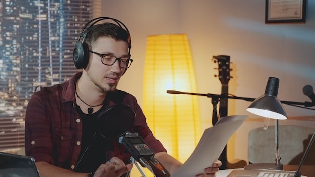 A recording studio setup with a voice actor wearing headphones, intensely focused and reading from a script. The script has annotations and highlights. In the background, a sound engineer is visible, monitoring the recording levels and providing direction.