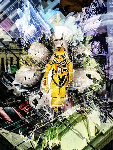 A close-up of Vi's gauntlets glowing with energy, overlaid with a subtle collage of newspaper clippings and crime scene photos related to Zaun's underbelly.