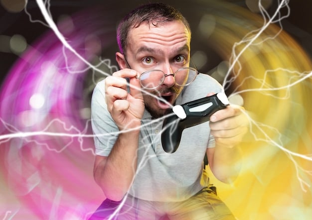A split image showing an eager gamer looking at a 