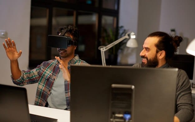 A diverse group of game developers collaborating intensely in a modern, open-plan office, looking at screens with game code and 3D models, symbolizing ethical and collaborative development practices.