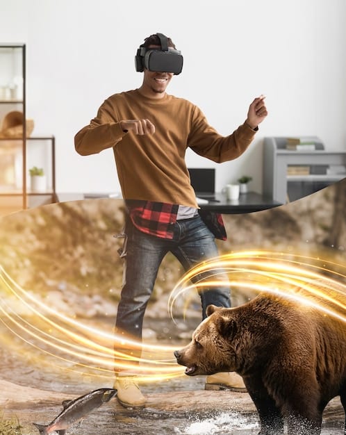 A person wearing a sleek VR headset, immersed in a virtual environment that mimics a game world, with review text and annotations floating around them, demonstrating immersive VR game reviews.