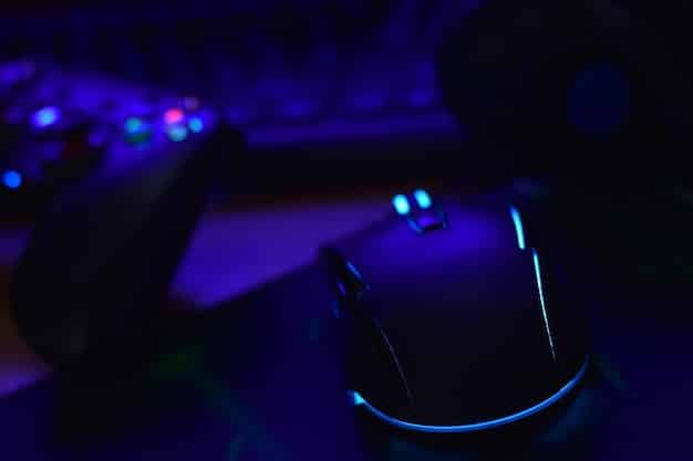 A close-up of a gaming mouse and keyboard, subtly glowing, with a blurred screen displaying a complex in-game UI, symbolizing deep player interaction.