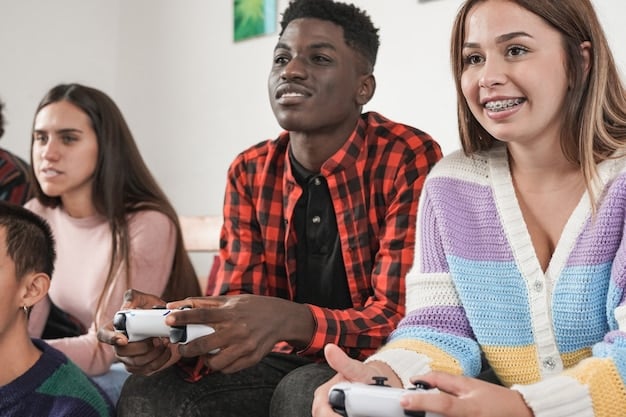 A diverse group of gamers from different backgrounds and with various accessibility aids (e.g., adaptive controller, screen reader software on a monitor) enjoying gaming together, emphasizing inclusivity.
