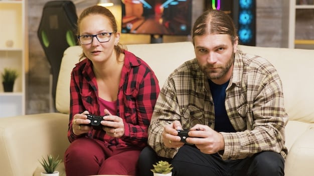 A split screen showing a professional game critic at a desk on one side, and a diverse group of gamers playing together on the other, symbolizing the critic-player divide.