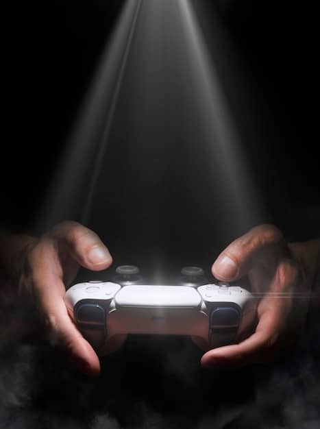 A person's hands holding a gaming controller, with a very blurred image of a game review screen in the background. The focus is on the comfort and familiarity of the controller in use, symbolizing the direct player experience.