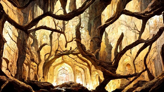 A majestic view of the Erdtree glowing golden from within, seen from a distance across the fractured landscape of the Lands Between, symbolizing the game's core lore.