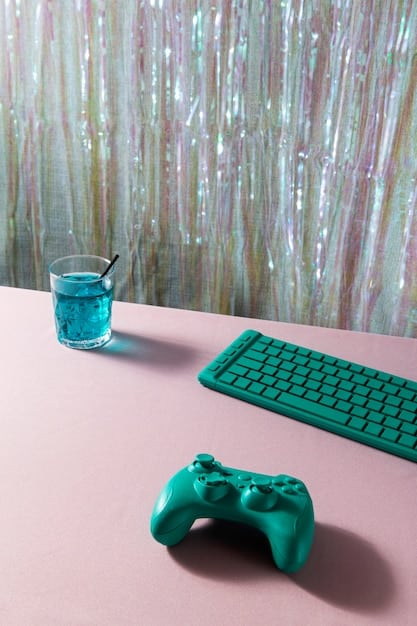 A close-up of a gaming controller on a desk, with a blurred background of a monitor displaying a game.