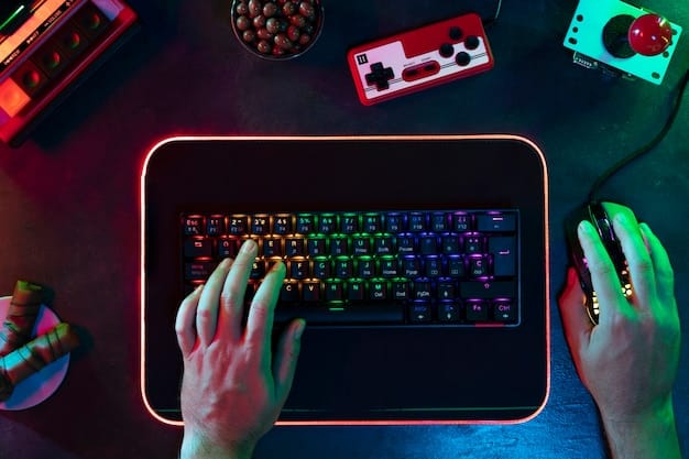 A person's hand typing on a mechanical keyboard with RGB lighting while playing a video game at night.