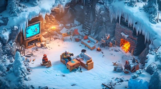 A group of four player characters and their various Pals collaboratively battling a large, formidable Alpha Pal in a snowy mountain biome, showcasing cooperative gameplay and diverse Pal abilities.