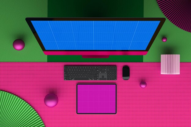 A top-down view of a gaming desk setup, showcasing a high-resolution monitor displaying a vibrant open-world game, surrounded by gaming peripherals like a RGB keyboard, mouse, and headset, with a cup of coffee and a notebook nearby.