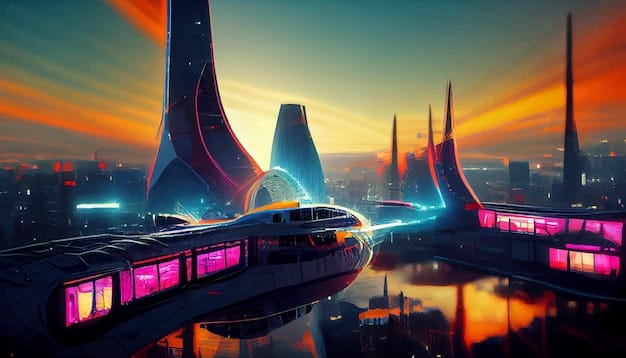 A futuristic Palworld cityscape at sunset, with various technologically advanced structures and Pals soaring or operating machinery, envisioning the game's potential future technological progression.