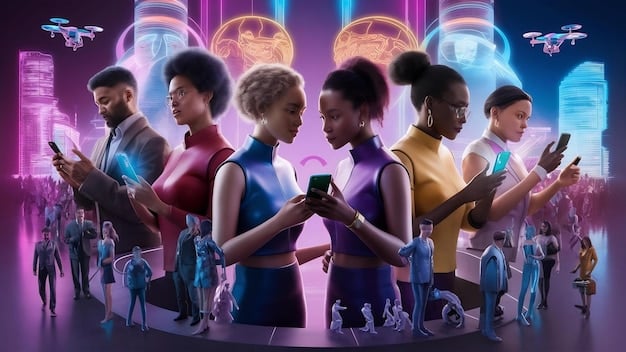 A diverse group of stylized digital avatars interacting in a futuristic, interconnected virtual city, with elements of different games and social platforms visible.