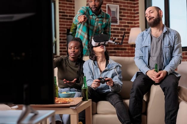 A diverse group of people sitting on a couch, all looking intently at a large screen displaying a video game, symbolizing community and shared experience in modern gaming.