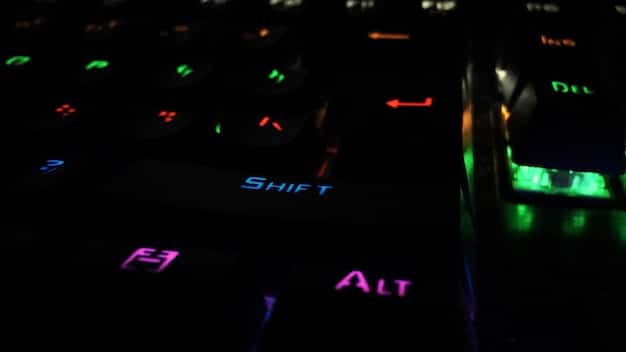 A close-up of a gaming mouse and keyboard, illuminated by RGB lighting, with focus on the intricate designs and ergonomic features, set against a dark background.