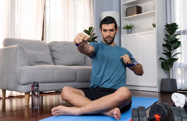 A gaming setup with a person stretching their arms and back, emphasizing ergonomic practices and taking breaks, with a bottle of water and healthy snacks nearby.