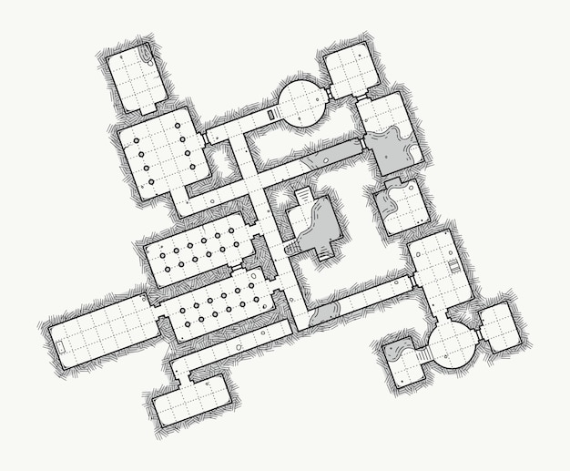 A top-down blueprint of a complex game level, showcasing interconnected rooms, varied terrain, and strategic choke points, emphasizing efficient spatial design.