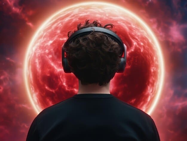 A person wearing high-quality gaming headphones, fully engrossed in a game, with abstract sound waves overlaying the scene, symbolizing the immersive power of well-designed audio.