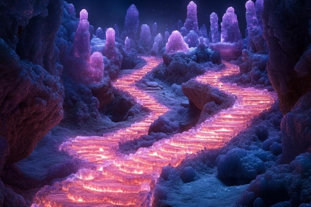 A vibrant, well-composed 3D scene from an adventure game, showcasing a clear path leading to a glowing ancient ruin, with leading lines and balanced environmental elements.