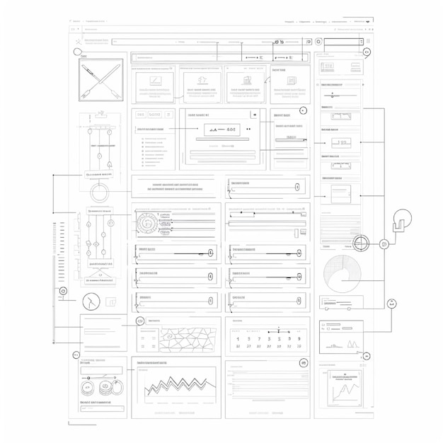 A wireframe sketch demonstrating different UI layouts for a game's inventory screen, showing iterations with varying icon sizes, text placement, and organization methods, emphasizing user flow.