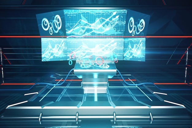 A sports arena with a large esports screen, showing a glowing augmented reality overlay of game statistics and player models superimposed over the real-world stage. Dynamic lighting suggests a live event.