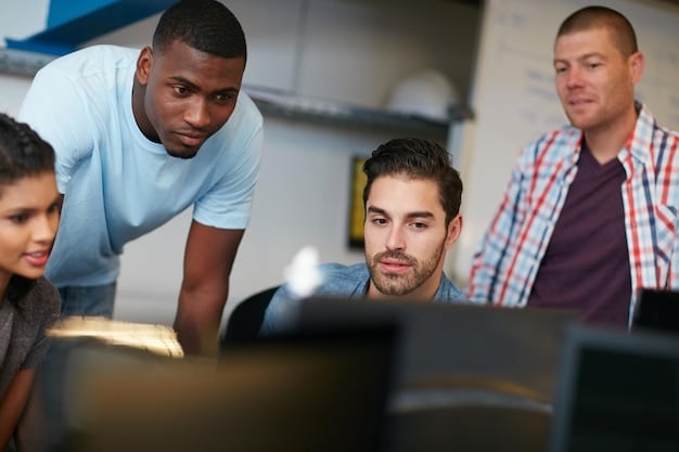 A high school esports coach discussing strategy with a diverse team of students in front of multiple computer screens, emphasizing teamwork and communication.