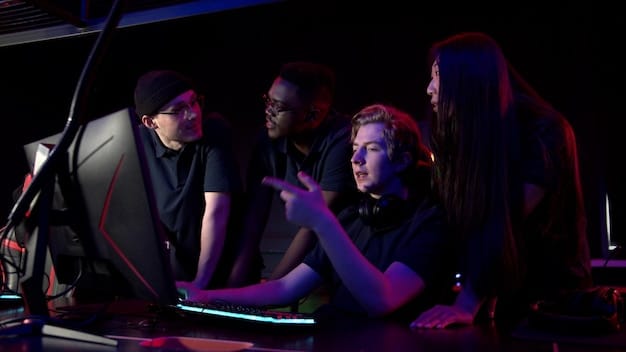 A futuristic esports training facility, showcasing advanced technology and diverse young individuals collaborating and learning.