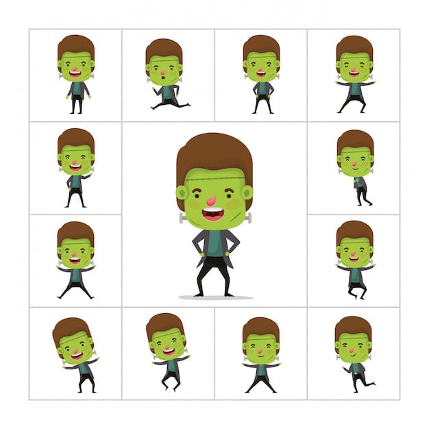 A character model sheet showing various facial expressions and body language poses, demonstrating how animation conveys emotion and personality in a game.
