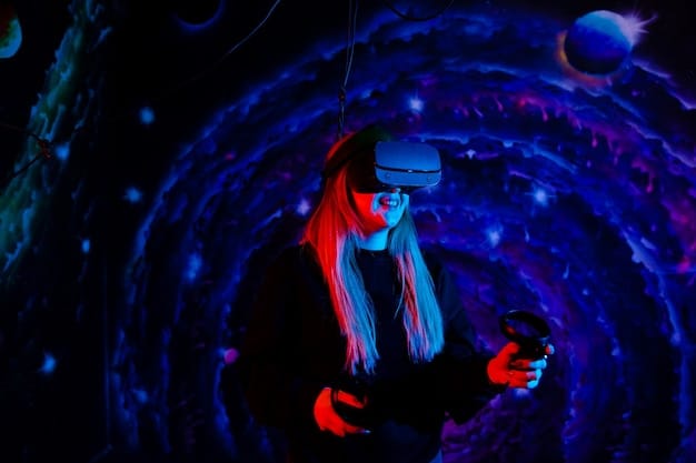 A virtual reality gamer wearing a high-end VR headset, looking intensely focused, surrounded by abstract, glowing sound wave graphics that visually represent an immersive game audio experience.