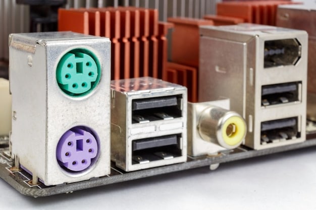 A detailed shot of a motherboard's rear I/O panel, highlighting numerous high-speed USB ports, an Ethernet port, and Wi-Fi antenna connections.
