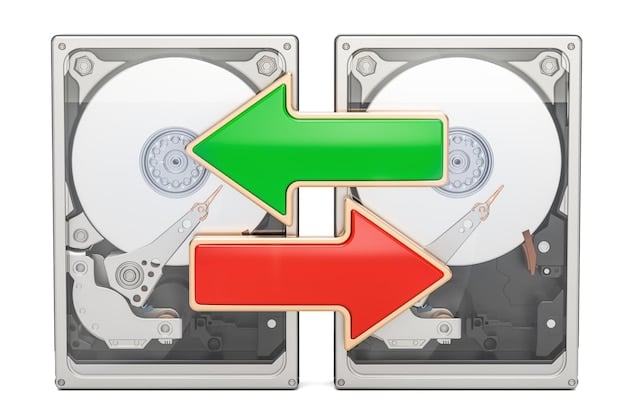 A split screen showing two computer monitors. One monitor displays a disk management utility with two healthy NVMe drives, one for OS and the other for games/data. The second monitor shows a game launching rapidly or a large file transfer progress bar at high speed.