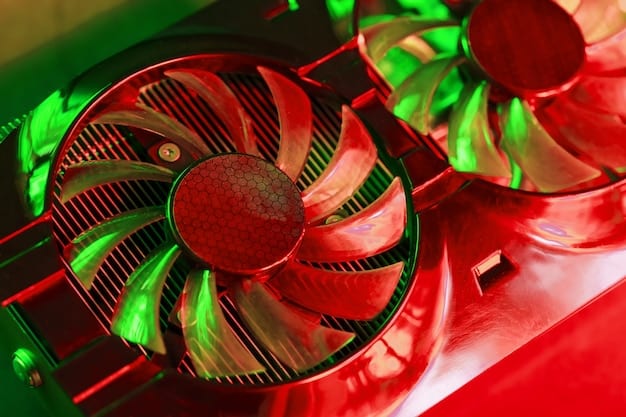 A close-up shot of a modern graphics card's heatsink and fans, emphasizing its cooling design, with subtle RGB lighting elements.