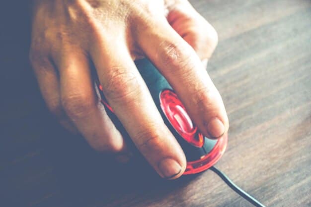 A close-up shot of a gamer's hand on a mouse, with extreme focus on the mouse and a slightly blurred view of a 144Hz monitor displaying a competitive esports game, showing the intensity and precision involved.