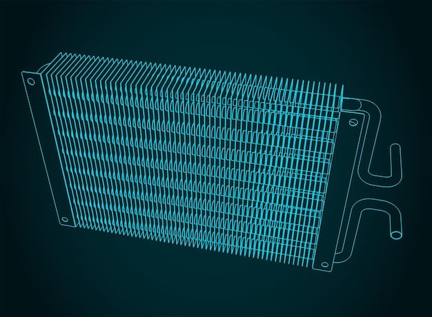 A detailed view of an air cooler heatsink with copper heat pipes and aluminum fins, positioned above a CPU, illustrating its passive heat dissipation design alongside a large fan.