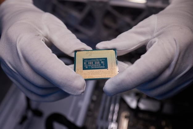 A close-up of a compact NVMe SSD installed into a motherboard slot, emphasizing its small form factor and integration.