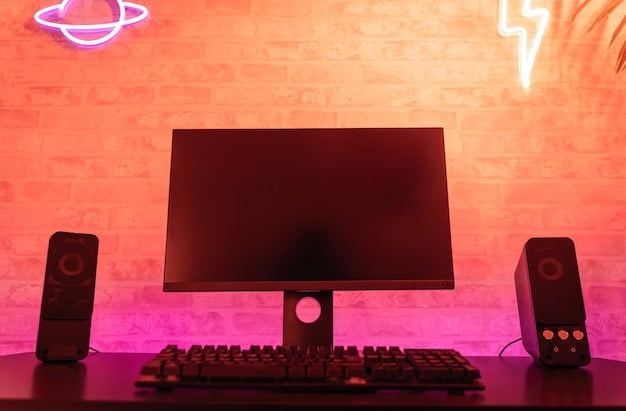 A gaming desk setup with a high refresh rate monitor displaying a vibrant game, a mechanical keyboard, and a gaming mouse, all illuminated by subtle RGB lighting.