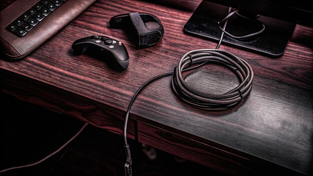 A perfectly organized desk setup with gaming hardware, all cables neatly tied and hidden, emphasizing a clean and well-maintained environment.