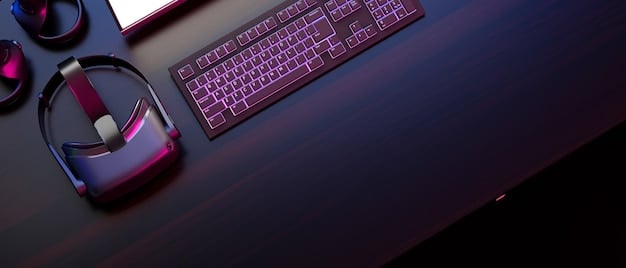 A neat gaming desk setup with a sleek, minimalist mechanical keyboard and a wireless gaming mouse, RGB lighting subtly illuminating the peripherals.