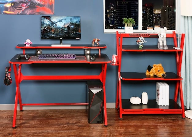 A gaming desk setup with a well-ventilated PC tower, showing good spacing from walls and organized peripherals, emphasizing an optimal environment.